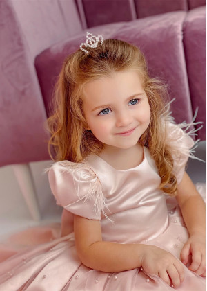 Blush Satin Feather Pearl Beaded Flower Girl Dress